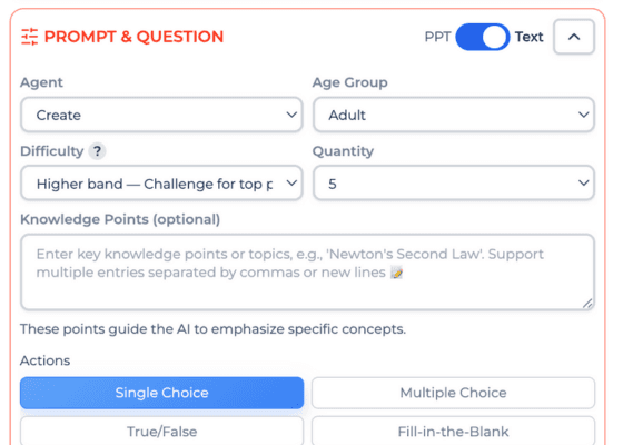 Step 2: Choose Action & Agent - TeachSmart AI agent selection interface