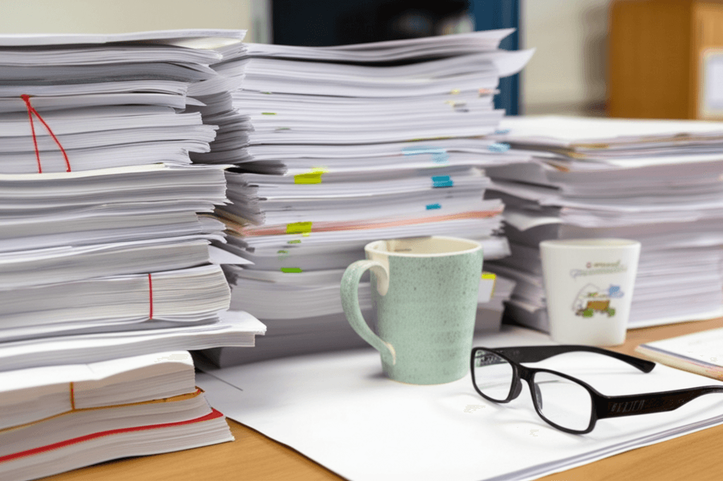 Lisa's desk overwhelmed with stacks of student essays waiting to be graded