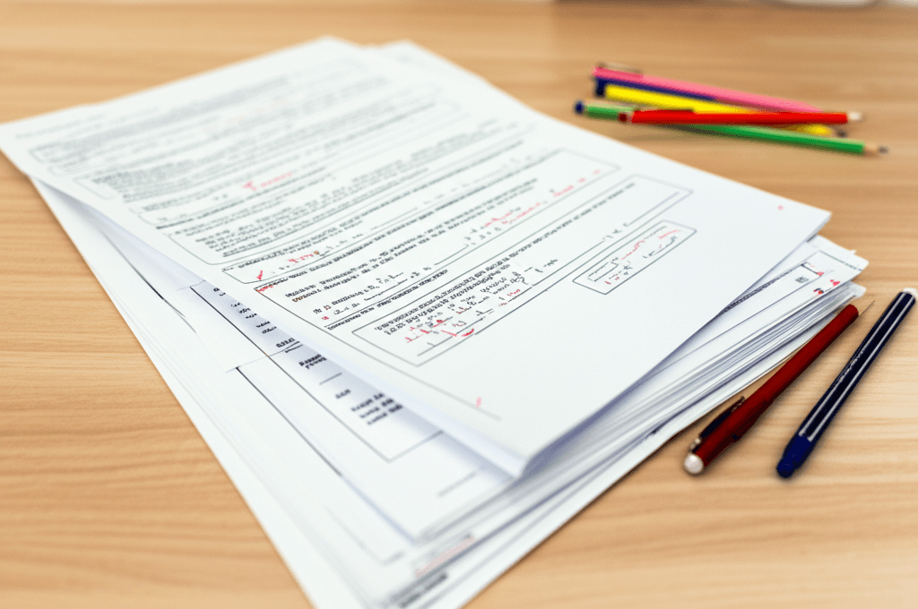 A large stack of student science lab reports and assessments waiting to be graded by James